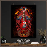 Looking for that slick classic rock and roll art for your music room? This high-resolution image of roses and a guitar on a black isolated background trimmed with our signature intricate style of skull and bone filigree will look epic on any wall. Our museum-quality posters are made on thick matte paper. Add a wonderful accent to your room and office with these quality posters from SR Wear Atude.