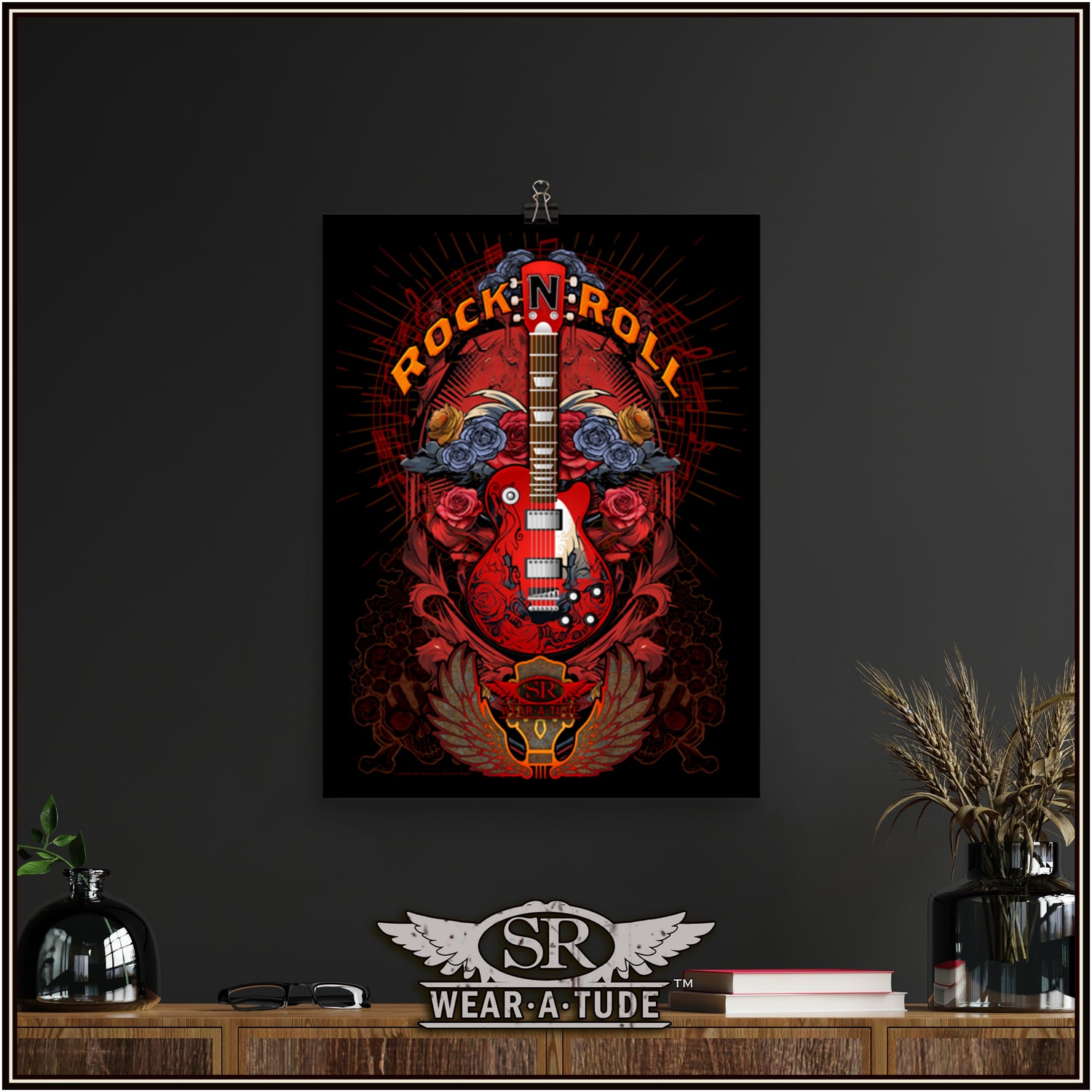 Looking for that slick classic rock and roll art for your music room? This high-resolution image of roses and a guitar on a black isolated background trimmed with our signature intricate style of skull and bone filigree will look epic on any wall. Our museum-quality posters are made on thick matte paper. Add a wonderful accent to your room and office with these quality posters from SR Wear Atude. SibBling Rivalry Design