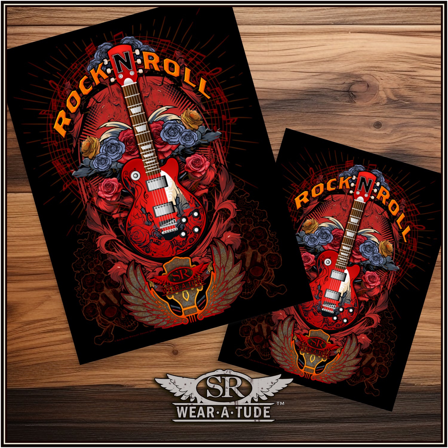 poster in 2 sizes choices.Looking for that slick classic rock and roll art for your music room? This high-resolution image of roses and a guitar on a black isolated background trimmed with our signature intricate style of skull and bone filigree will look epic on any wall. Our museum-quality posters are made on thick matte paper. Add a wonderful accent to your room and office with these quality posters from SR Wear Atude.