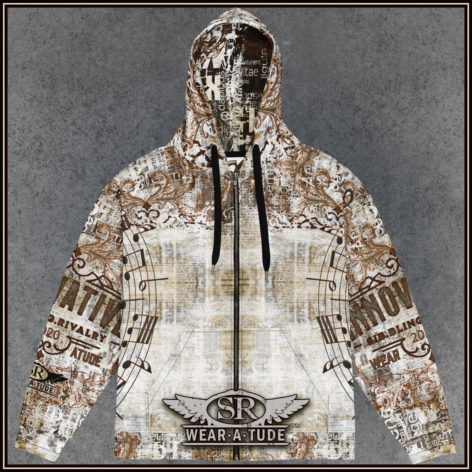 Rock N Roll Aged Print Zip Hoodie