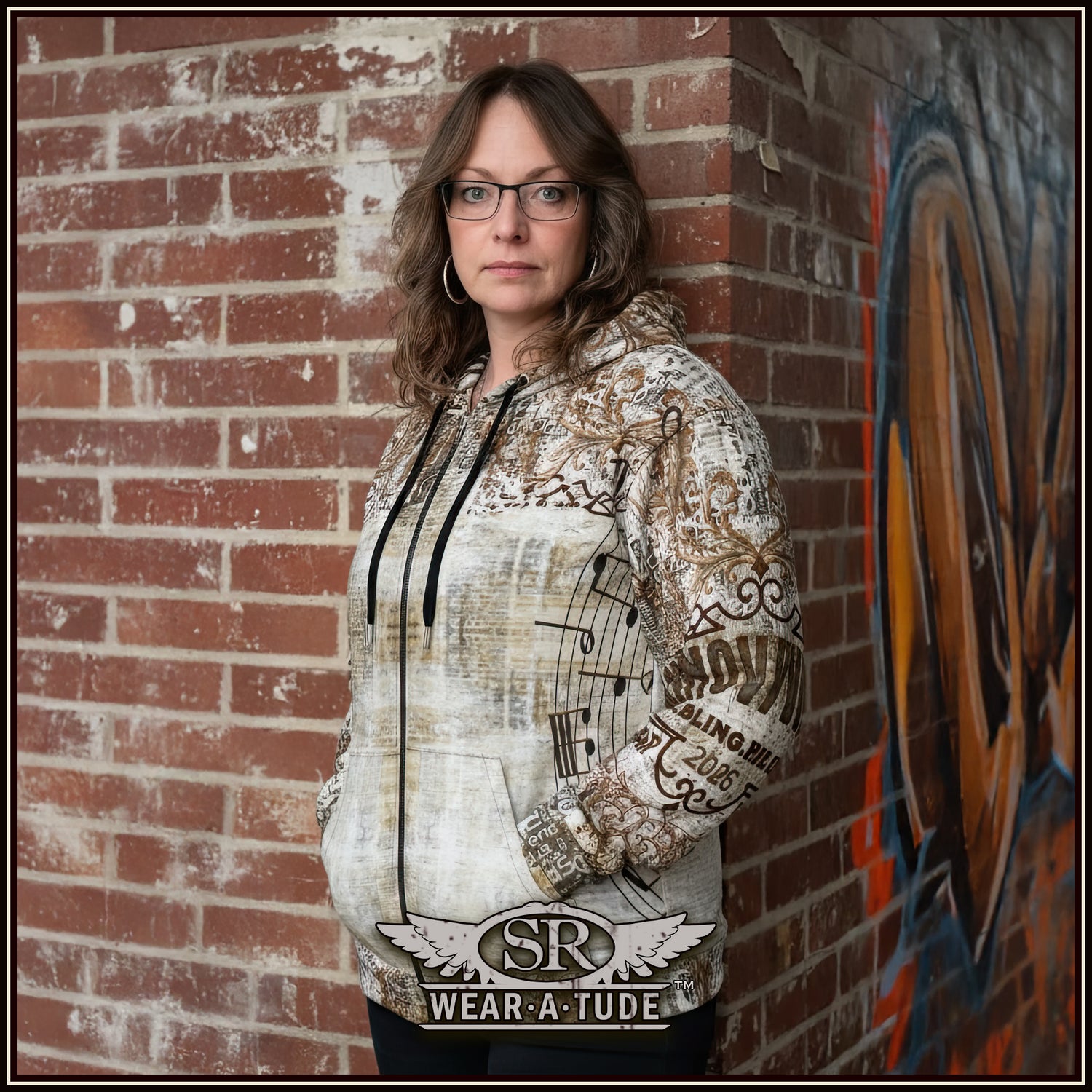 Rock N Roll Aged Print Zip Hoodie