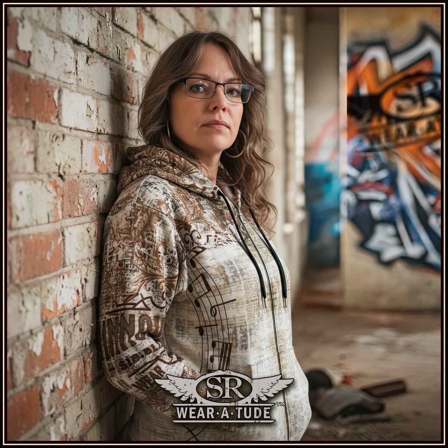 Rock N Roll Aged Print Zip Hoodie