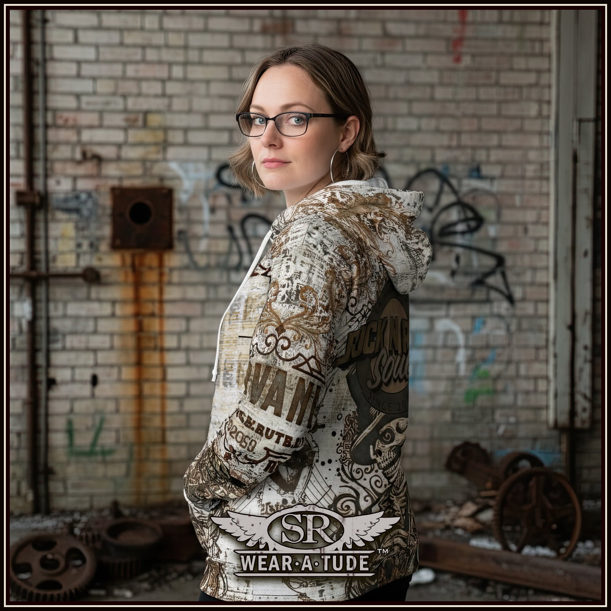 Rock N Roll Aged Print Zip Hoodie