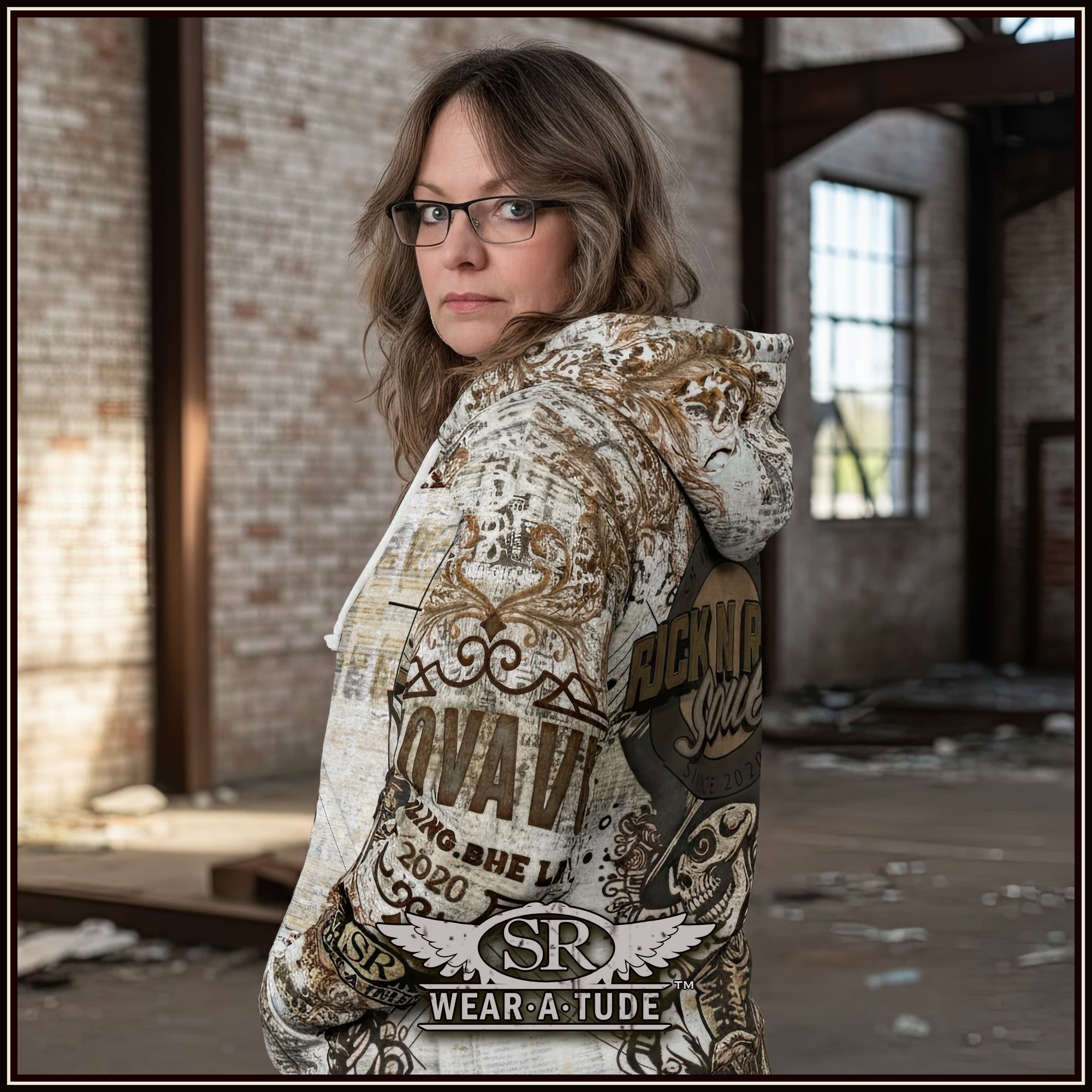 Rock N Roll Aged Print Zip Hoodie