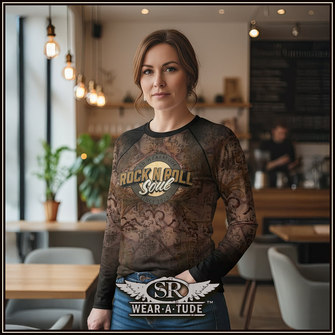 Woman wearing SR Wear·A·Tude Rock ’N Roll Soul rashguard, edgy sheer long sleeve streetwear top.