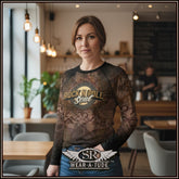 Woman wearing SR Wear·A·Tude Rock ’N Roll Soul rashguard, edgy sheer long sleeve streetwear top.