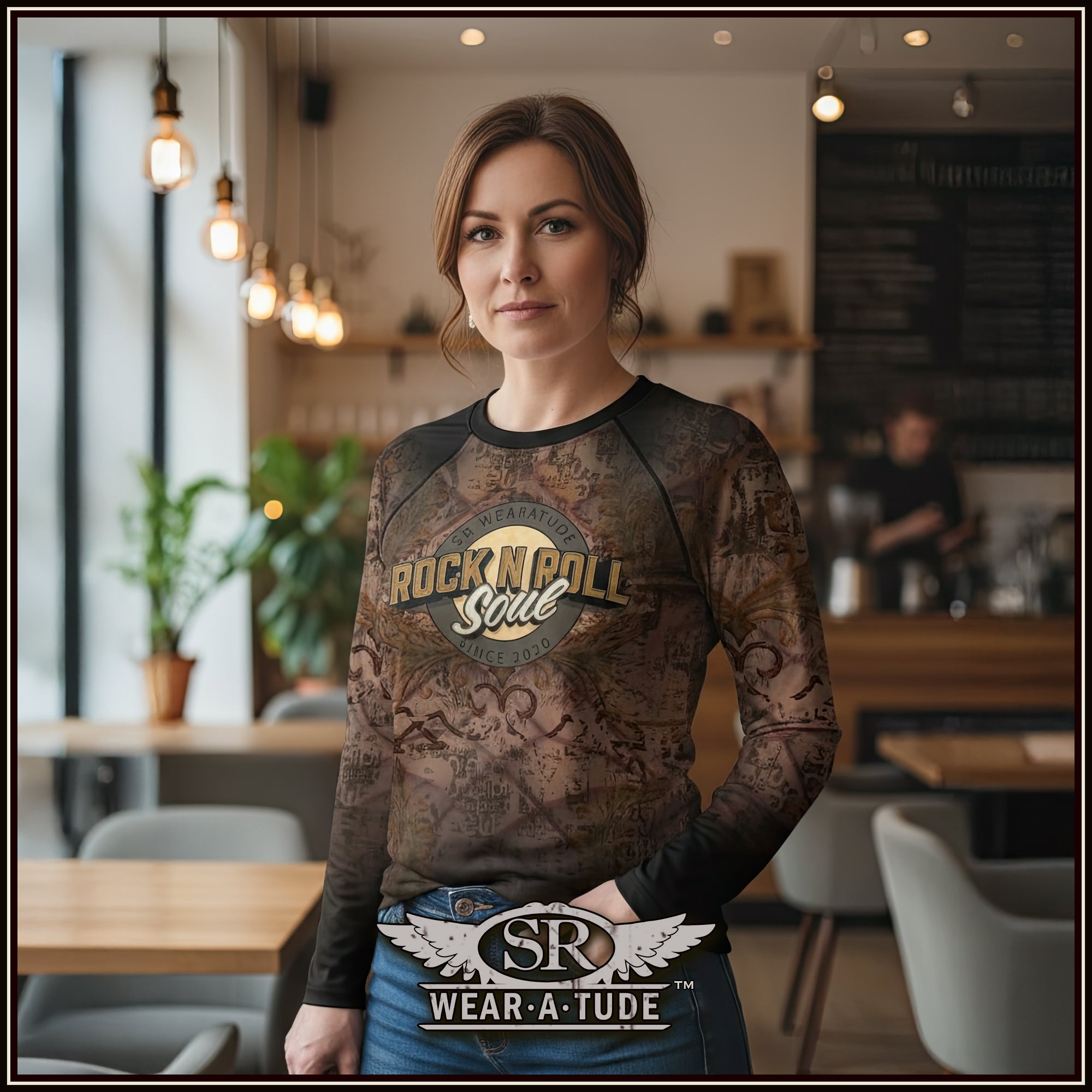 Woman wearing SR Wear·A·Tude Rock ’N Roll Soul rashguard, edgy sheer long sleeve streetwear top.