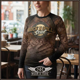 Grunge-style women’s rashguard with vintage rock design by SR Wear·A·Tude.