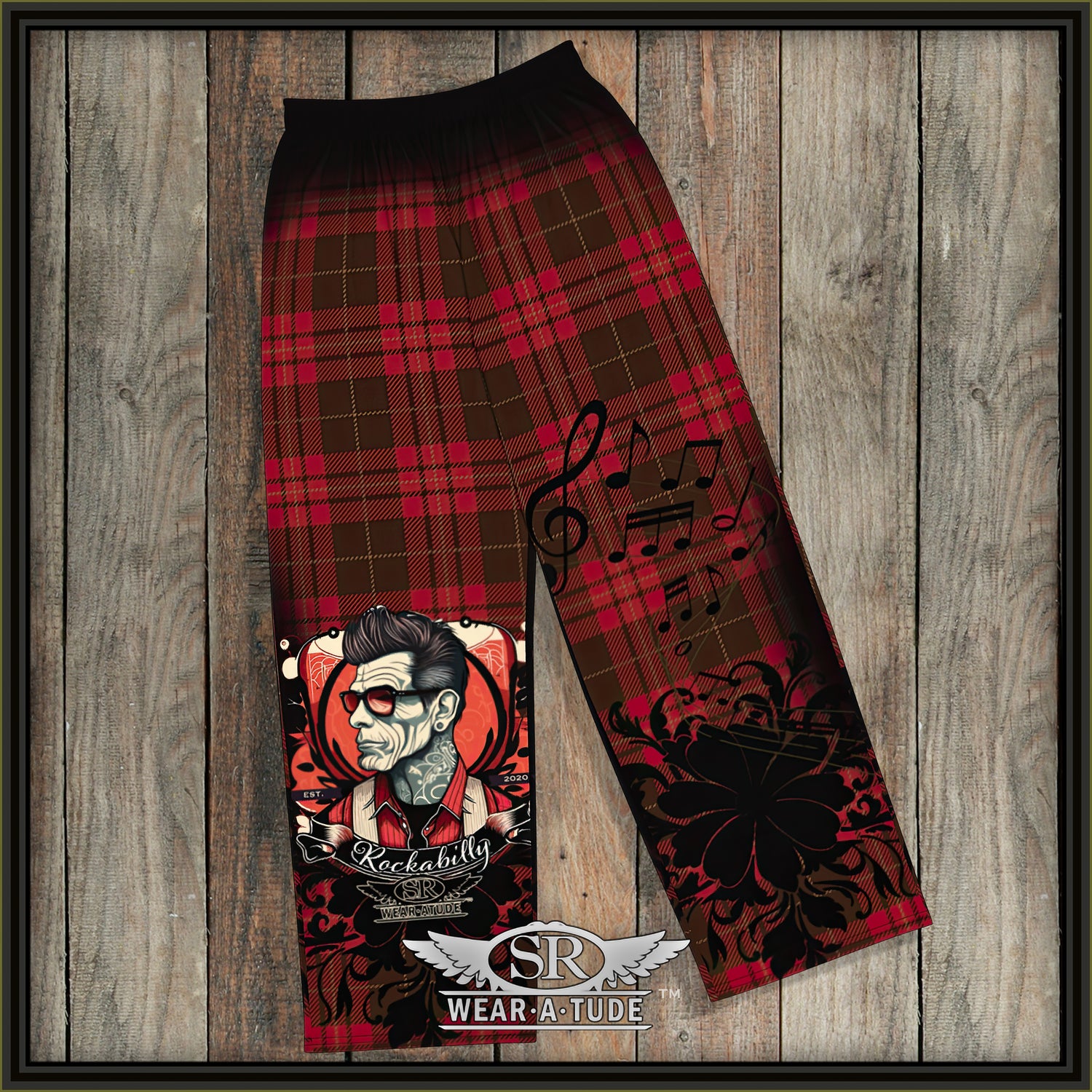 Rockabilly Joe, our wide leg Lounge Pants – a unisex garment that seamlessly merges comfort with the spirit of Rockabilly style. The red and black plaid pattern is a true throwback of comfort and the Rockabilly Joe decal shows off your style. 