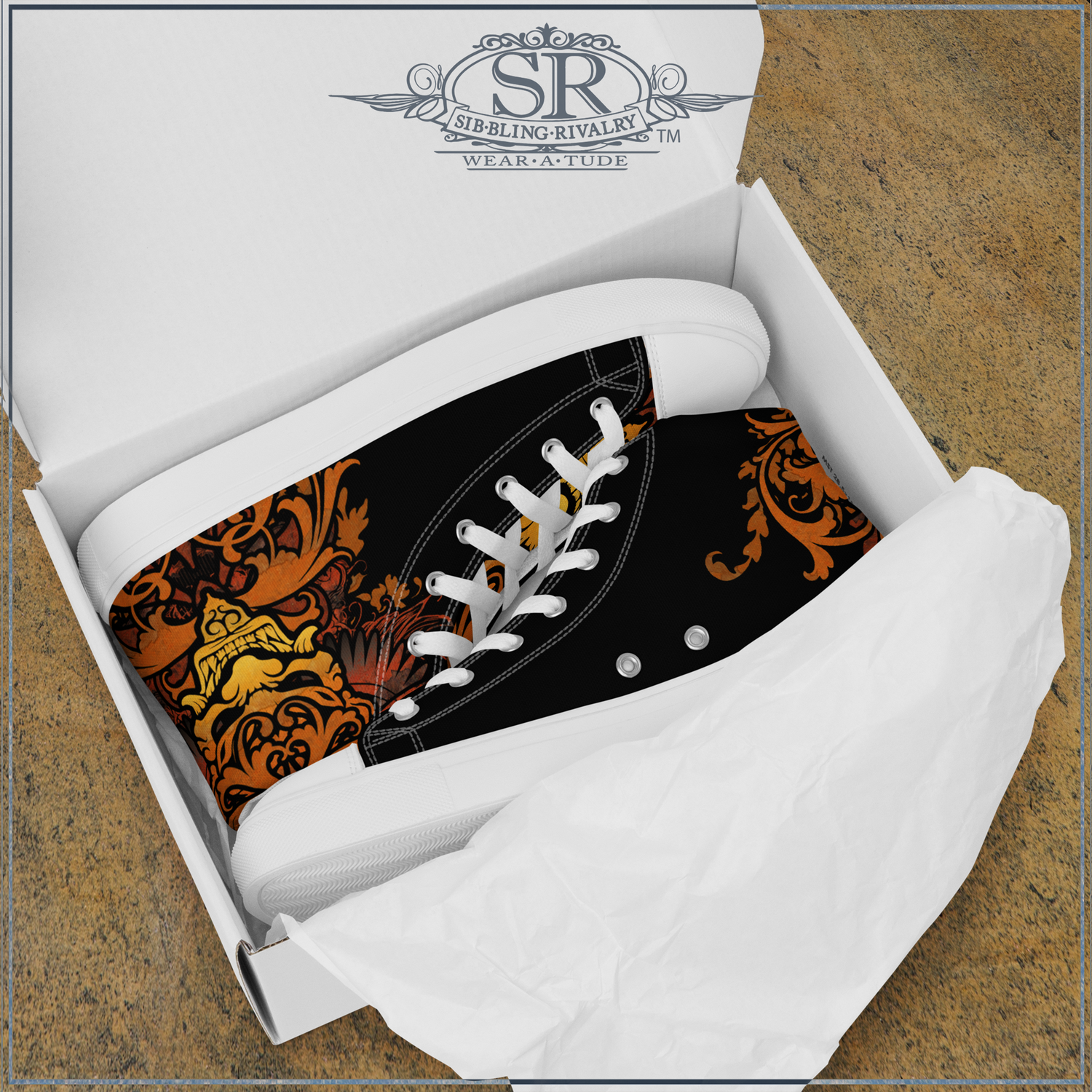 Rusted Reaper Mens hightop sneakers. Gold, orange and yellow demon on a black background makes these rocker/skater hightop shoes for men absolutely epic.Design by The Joubert Sisters of SibBling Rivalry Design, Rocker clothing with Wear Atude.