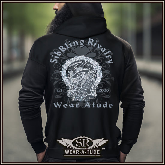 The SR Wear Atude Ryder Hoodie has that perfect rough biker patch look. The hoodie Is a soft oversized feel and perfect to wear over other clothing for that layered look. This great Black on black design of the Saxophone Skeleton will become part of your everyday outerwear. 