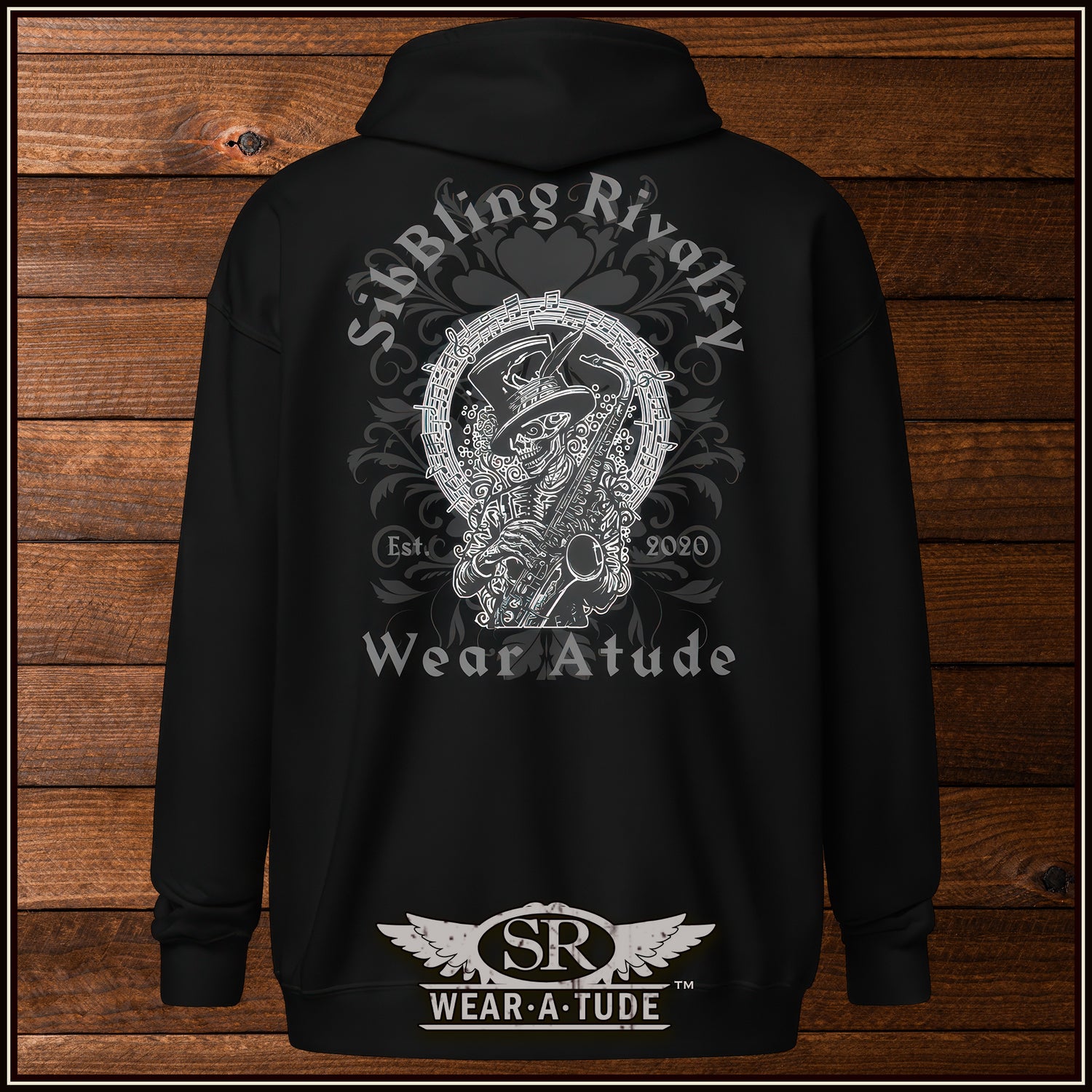 The SR Wear Atude Ryder Hoodie has that perfect rough biker patch look. The hoodie Is a soft oversized feel and perfect to wear over other clothing for that layered look. This great Black on black design of the Saxophone Skeleton will become part of your everyday outerwear.  