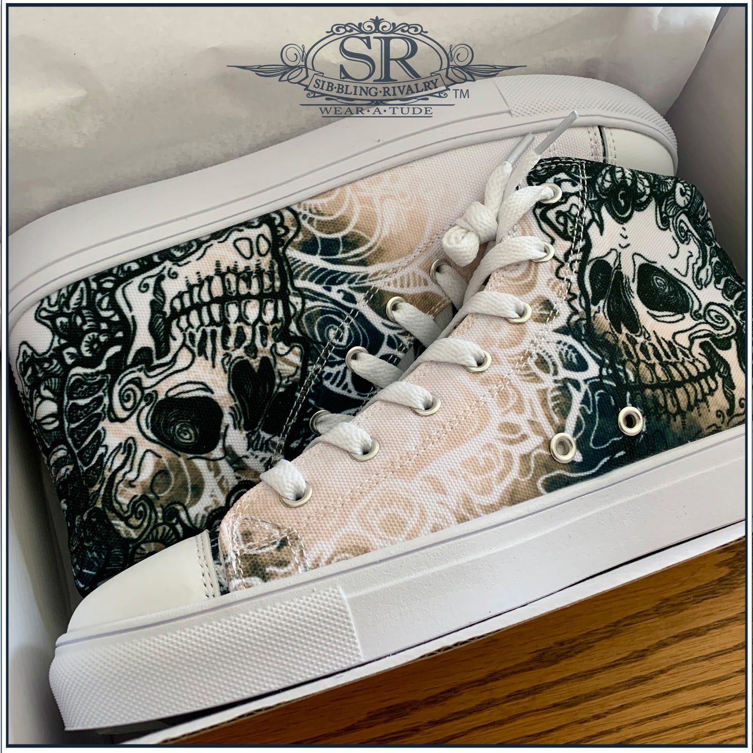 Skullatude sneakers for woman. Hightop skull design on canvas runners. Footwear with Wear Atude by SibBling Rivalry. Swirling skull with badass feel. A new skater shoe.