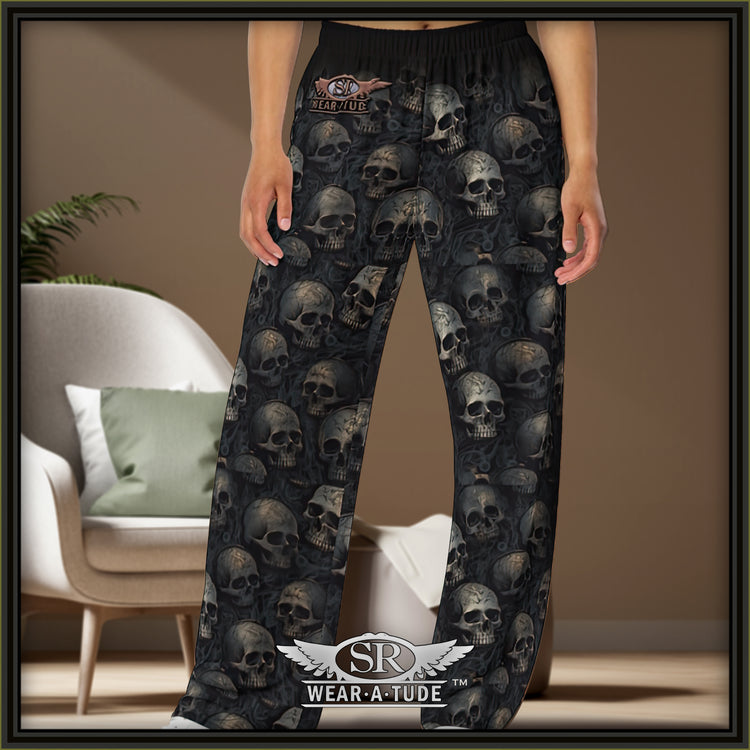 The SRWearAtude logo proudly adorns these lounge pants, making a bold statement about your allegiance to the music that moves your soul. The skulls, in varying sizes and positions, exude an attitude that&
