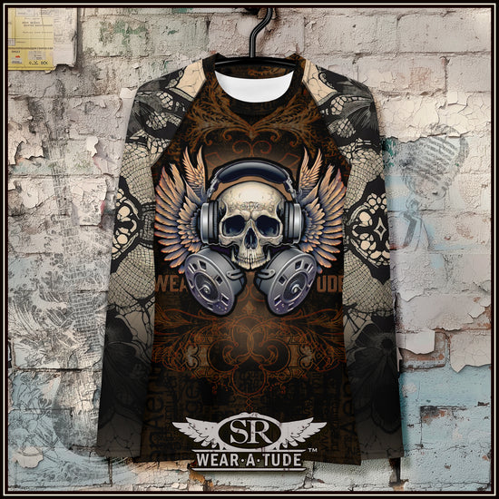 SR Wear Atude brings our Metal/Punk long sleeved rashguard to your wardrobe. The epic gas masked skull fills the front of the shirt commanding attention in full punk rock style. Constructed from a high-performance smooth fabric blend, this rashguard offers a luxurious feel against your skin, allowing for unrestricted movement during your activities. Its versatile design makes it ideal for various sports, providing reliable protection against the sun, wind, and other elements.