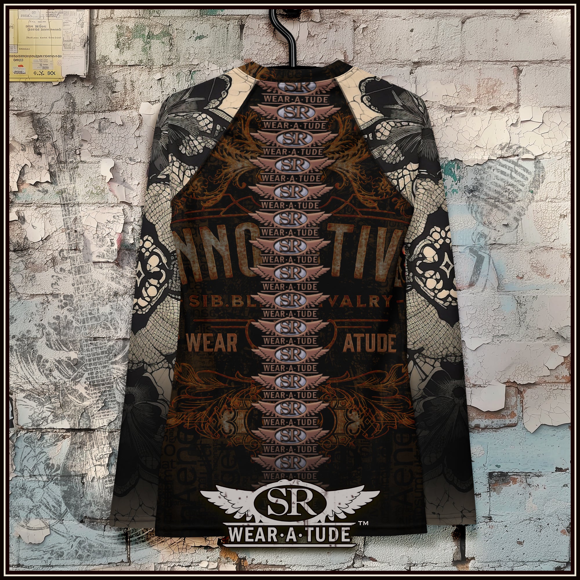 SR Wear Atude brings our Metal/Punk long sleeved rashguard to your wardrobe. The epic gas masked skull fills the front of the shirt commanding attention in full punk rock style. Constructed from a high-performance smooth fabric blend, this rashguard offers a luxurious feel against your skin, allowing for unrestricted movement during your activities. Its versatile design makes it ideal for various sports, providing reliable protection against the sun, wind, and other elements.