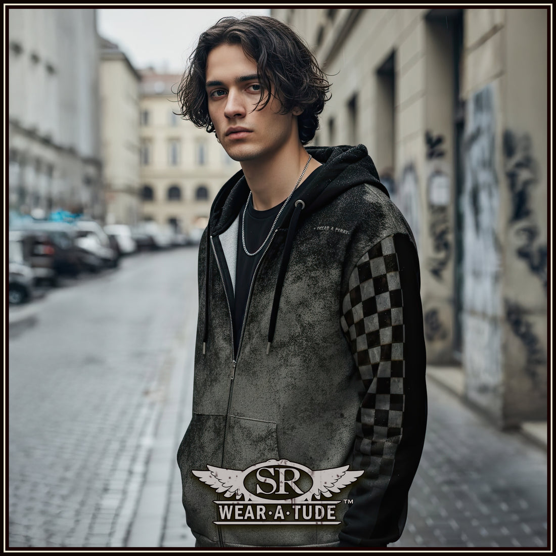 A man wearing a branded hoodie,  SR Wear A Tude, on a city street