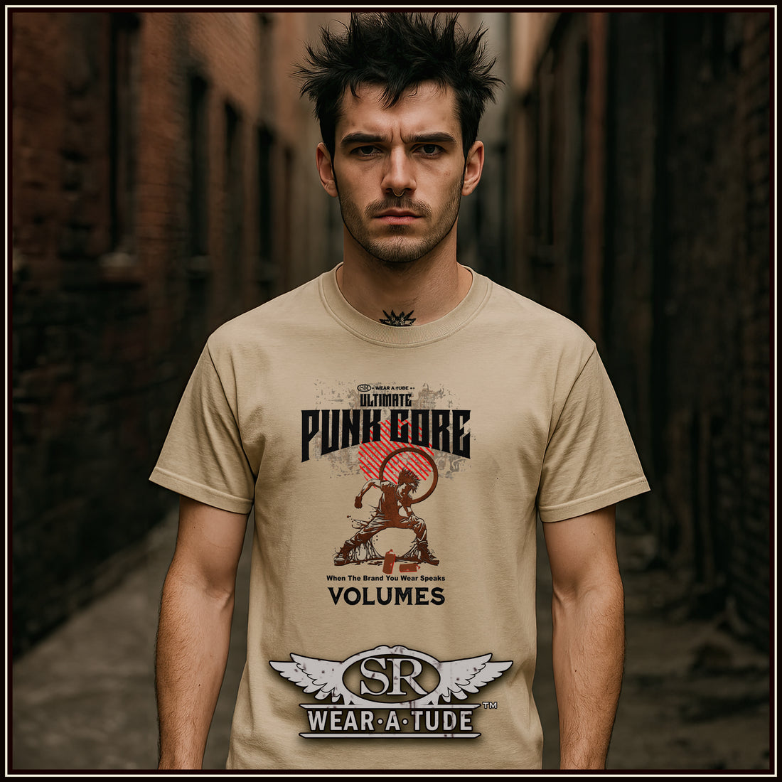 Man wearing a beige t-shirt with graphic design and text in an urban setting 