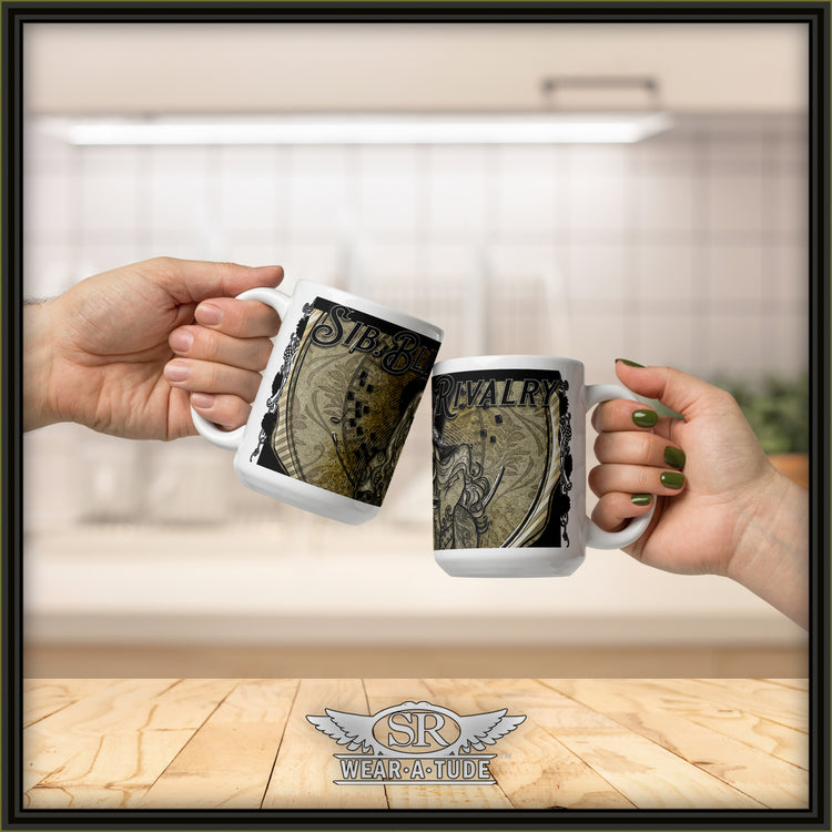 Voodoo Harmonica Girl on three sizes on white coffee mug. This is one of our most popular designs with SR Wear Atude. The old gritty parchment paper look with our skull girl will be the first mug to grab every day. Our white mugs are sturdy, glossy with a vivid print that&