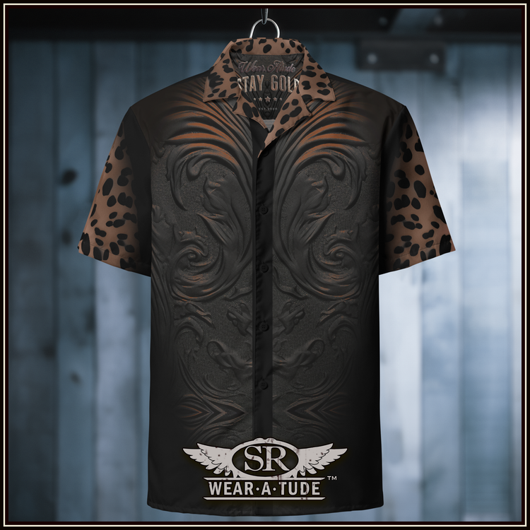 A shirt with an animal print design and black tolex, in the style of gritty elegance, dark bronze and black, swirling vortexes, leather/hide 