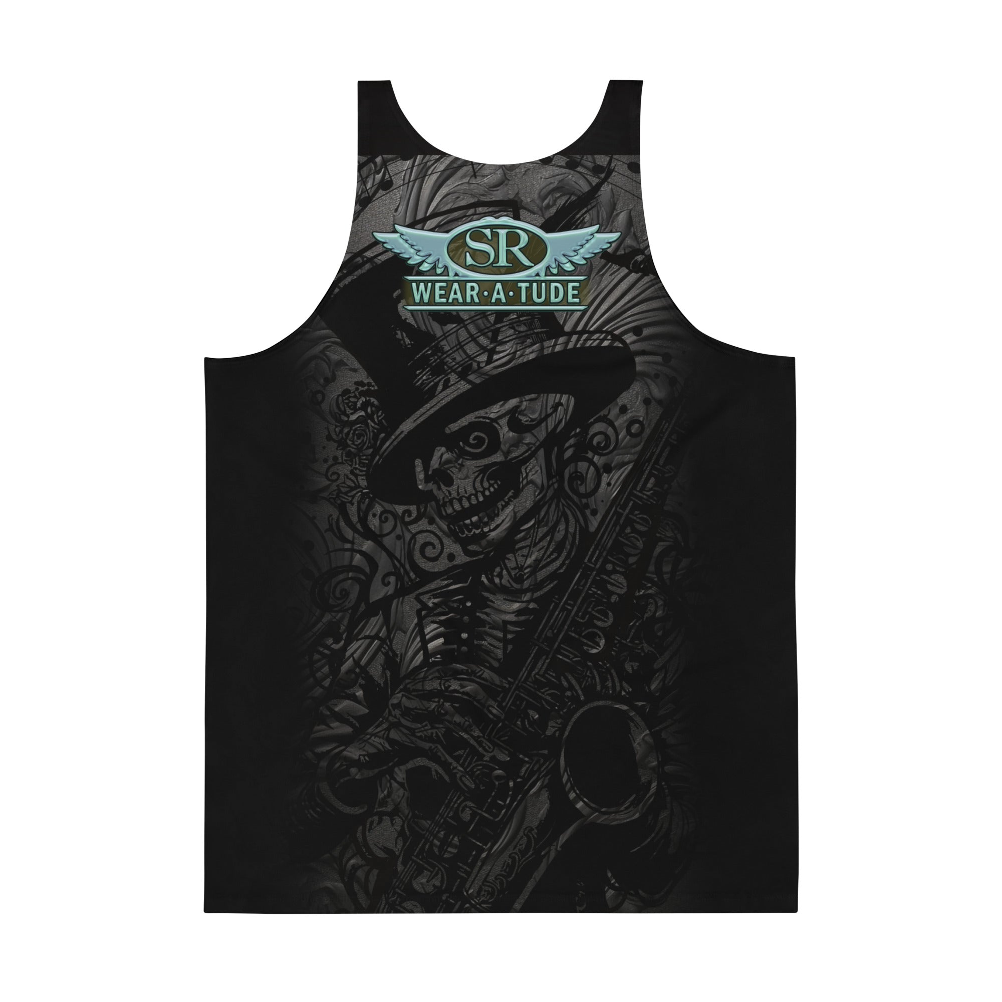 Smokin tank-tee design of Saxophone skeleton. Killer hot muscle shirt of SR Wear Atude flying mic &amp; harmonic. Edgy workout tank. Sick graphic designs by SibBling Rivalry Design &amp; The Joubert Sisters Back of shirt