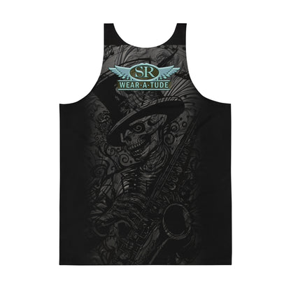 Smokin tank-tee design of Saxophone skeleton. Killer hot muscle shirt of SR Wear Atude flying mic &amp; harmonic. Edgy workout tank. Sick graphic designs by SibBling Rivalry Design &amp; The Joubert Sisters Back of shirt
