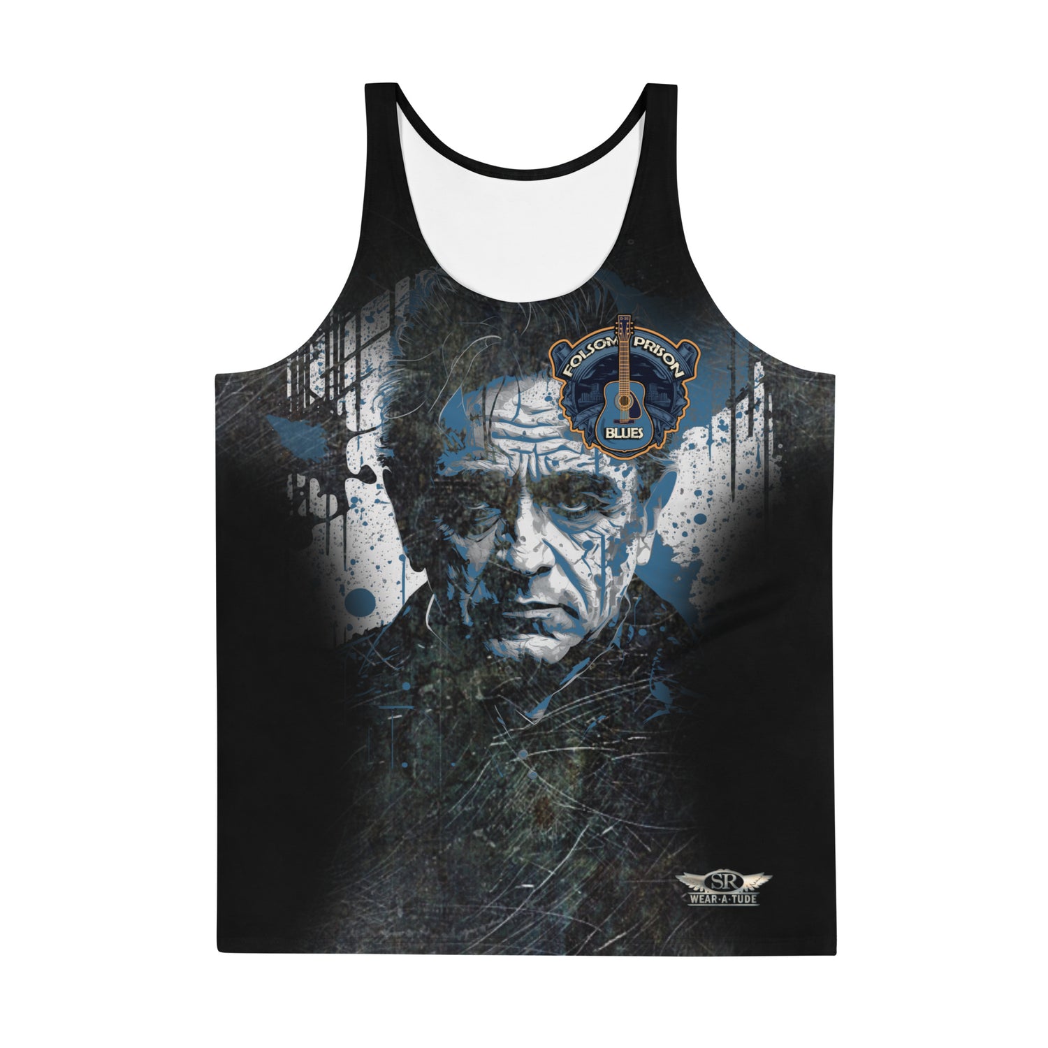 Folsom Prison Blues. Grunge Johnny Cash tank t-shirt design.he legendary Johnny Cash and the iconic Folsom Prison Blues. This has a vintage distressed finish of bronze and blue with a graffiti-inspired portraiture. Perfect for lovers of classic rock and country music.