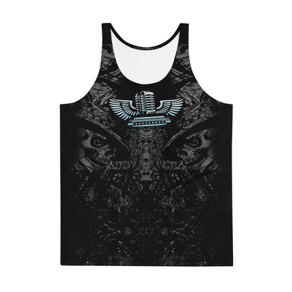 Smokin tank-tee design of Saxophone skeleton. Killer hot muscle shirt of SR Wear Atude flying mic & harmonic. Edgy workout tank. Sick graphic designs by SibBling Rivalry Design & The Joubert Sisters