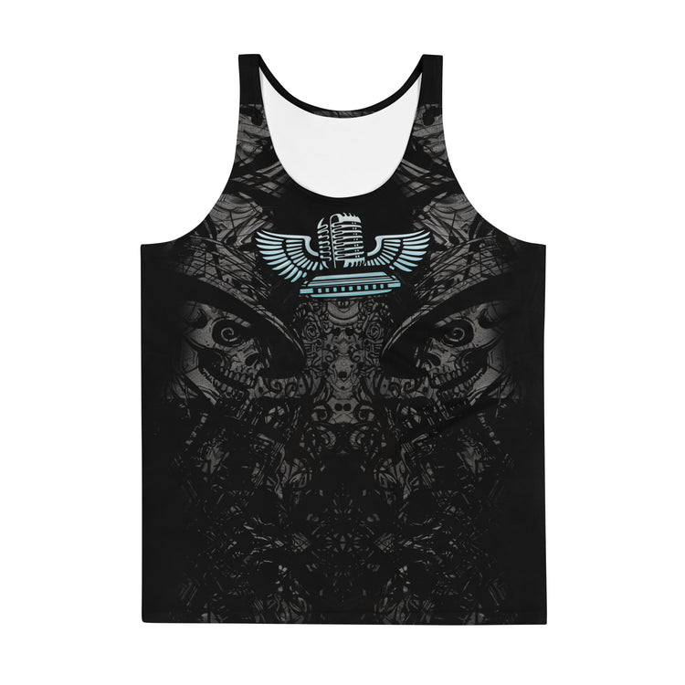 Smokin tank-tee design of Saxophone skeleton. Killer hot muscle shirt of SR Wear Atude flying mic & harmonic. Edgy workout tank. Sick graphic designs by SibBling Rivalry Design & The Joubert Sisters