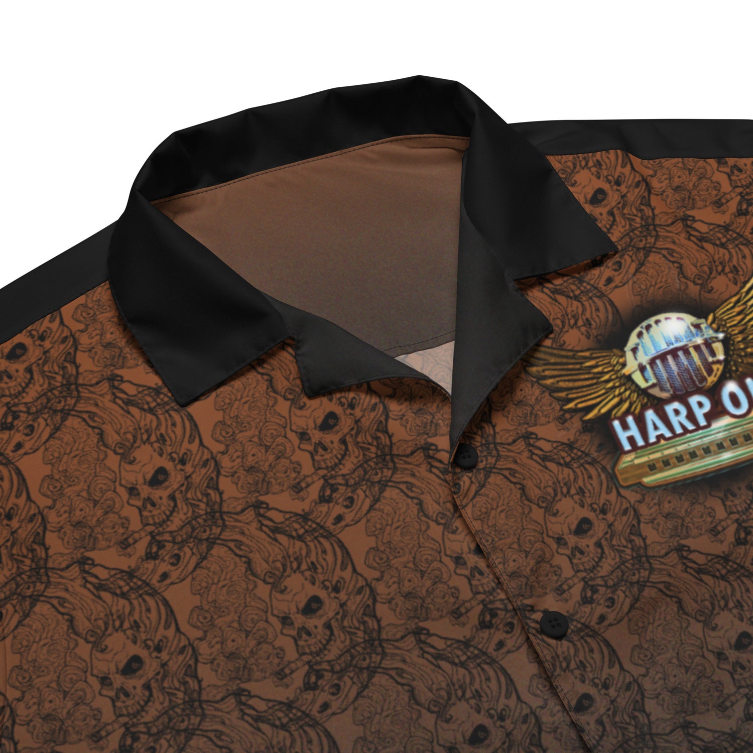 Harp on - Unisex button shirt - SIB.BLING RIVALRYOur Harp On brand looks slick on this killer button up short sleeve shirt. The signature style graphics is evident with the Smoking Moon-skull pattern on a rich deep sienna brown, trimmed with a charcoal trim.