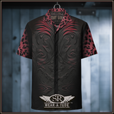a shirt that bears a black and red leopard design, in the style of Dennis Gruenling harmonica player, sanriocore, dark bronze and pink, realistic textures, devilcore, smooth and polished, by SR Wear Atude