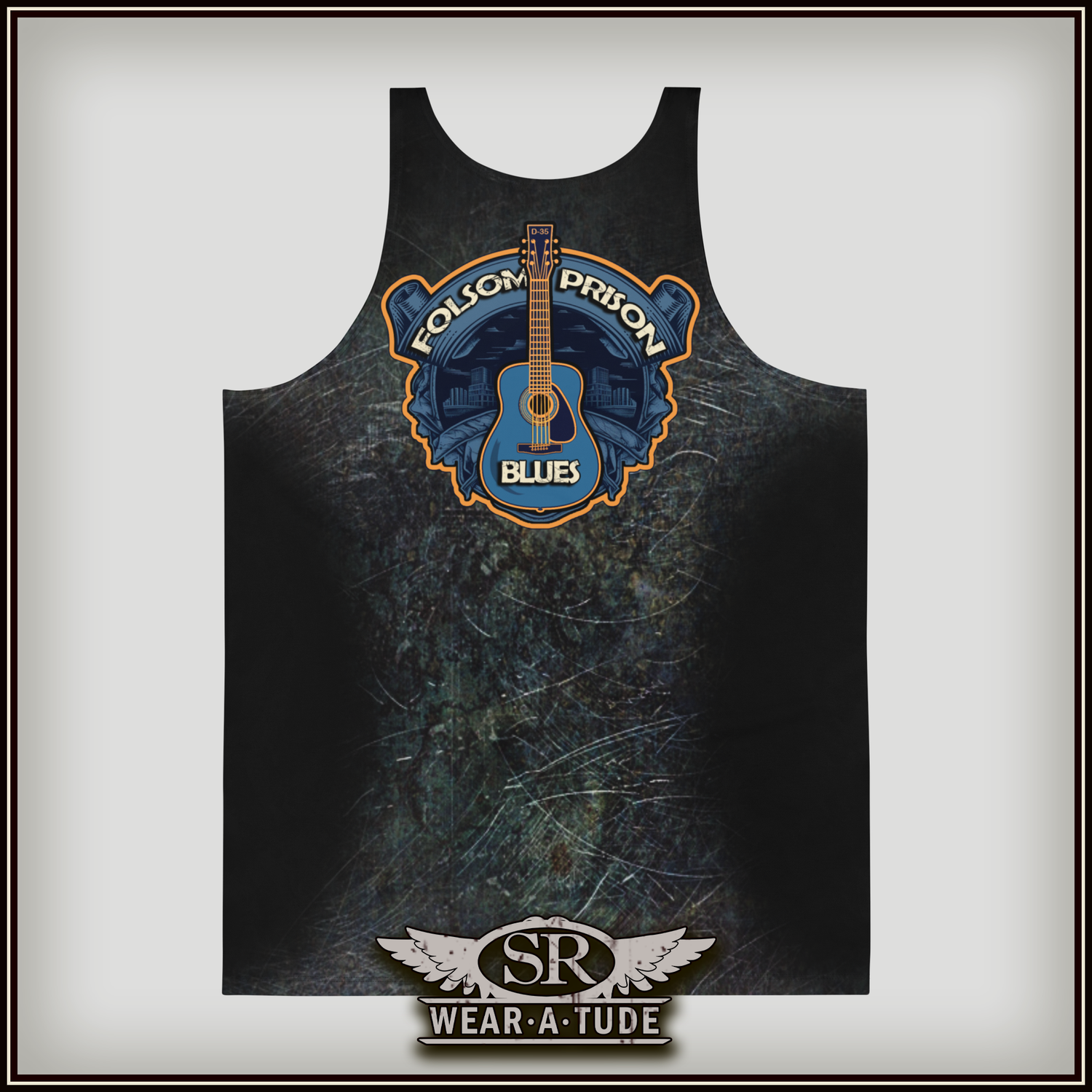 Wear A Tude, Wear Atude by The Joubert Sisters,Folsom Prison Blues. Grunge Johnny Cash tank t-shirt design.he legendary Johnny Cash and the iconic Folsom Prison Blues. This has a vintage distressed finish of bronze and blue with a graffiti-inspired portraiture. Perfect for lovers of classic rock and country music.