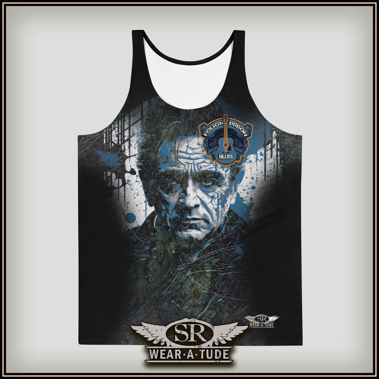 Wear A Tude by SibBling Rivalry DesignFolsom Prison Blues. Grunge Johnny Cash tank t-shirt design.he legendary Johnny Cash and the iconic Folsom Prison Blues. This has a vintage distressed finish of bronze and blue with a graffiti-inspired portraiture. Perfect for lovers of classic rock and country music.