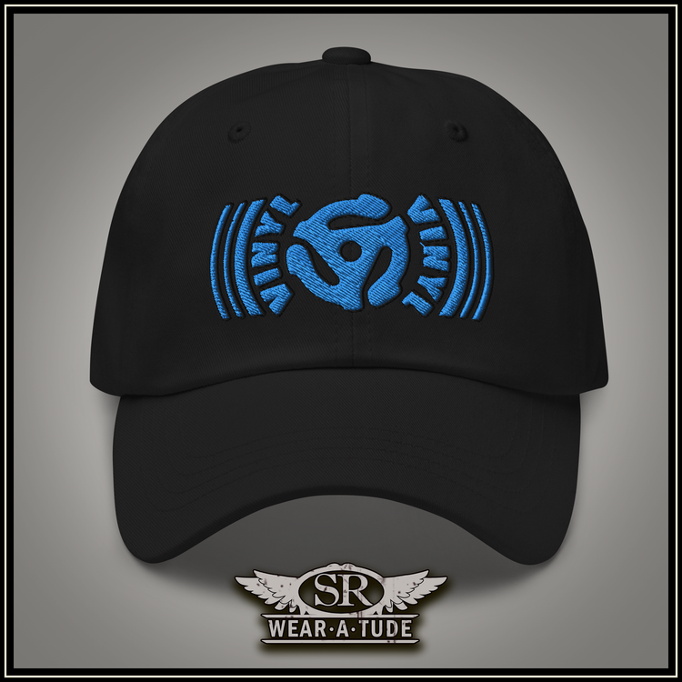Blue-Embroidered-vinyl-45-record-spacer-baseball-hat-in-black-SR-WearAtude-by-SibBling-Rivalry