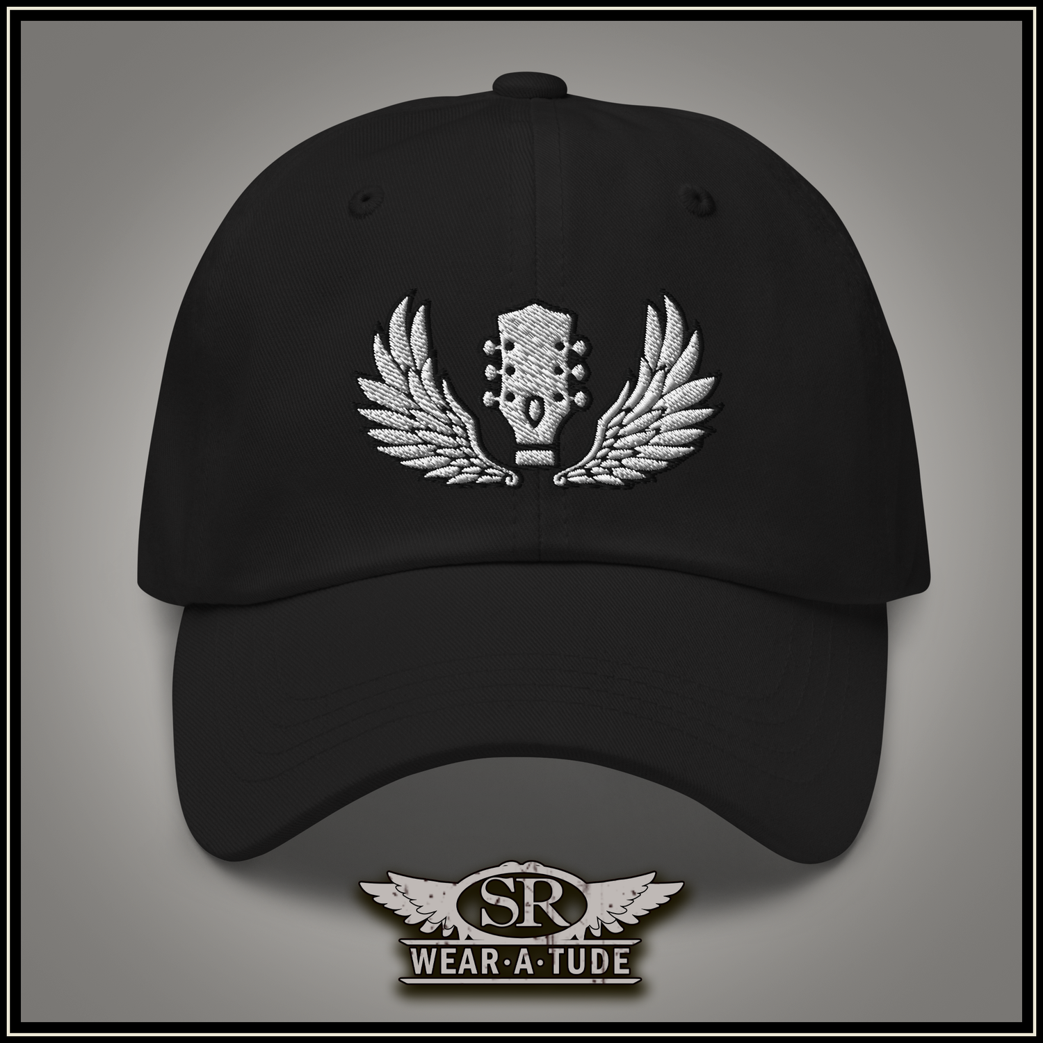 Classic-Rock-style-baseball-hat-embroidered-guitar-headstock-with-wings-SR WearAtude-by-SibBling Rivalry