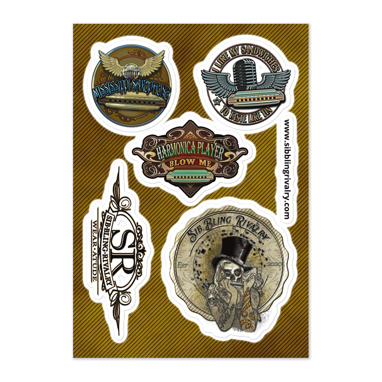 Harmonica stickers by Sib.Bling Rivalry Design, SR WearAtude. Mixed sticker sheet for Laptop, water bottles, binders, instruments or anything with a smooth surface. Stickers for Blues players and musicians. A Canadian based entrepreneurship run by The Joubert Sisters.