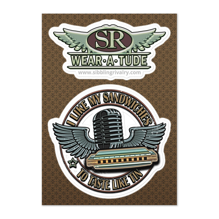 Blues Harmonica microphone stickers by Sib.Bling Rivalry Design, SR WearAtude. Tin Sandwich sticker for Laptop, water bottles, binders, instruments or anything with a smooth surface. Stickers for Blues players and musicians. A Canadian based entrepreneurship run by women.