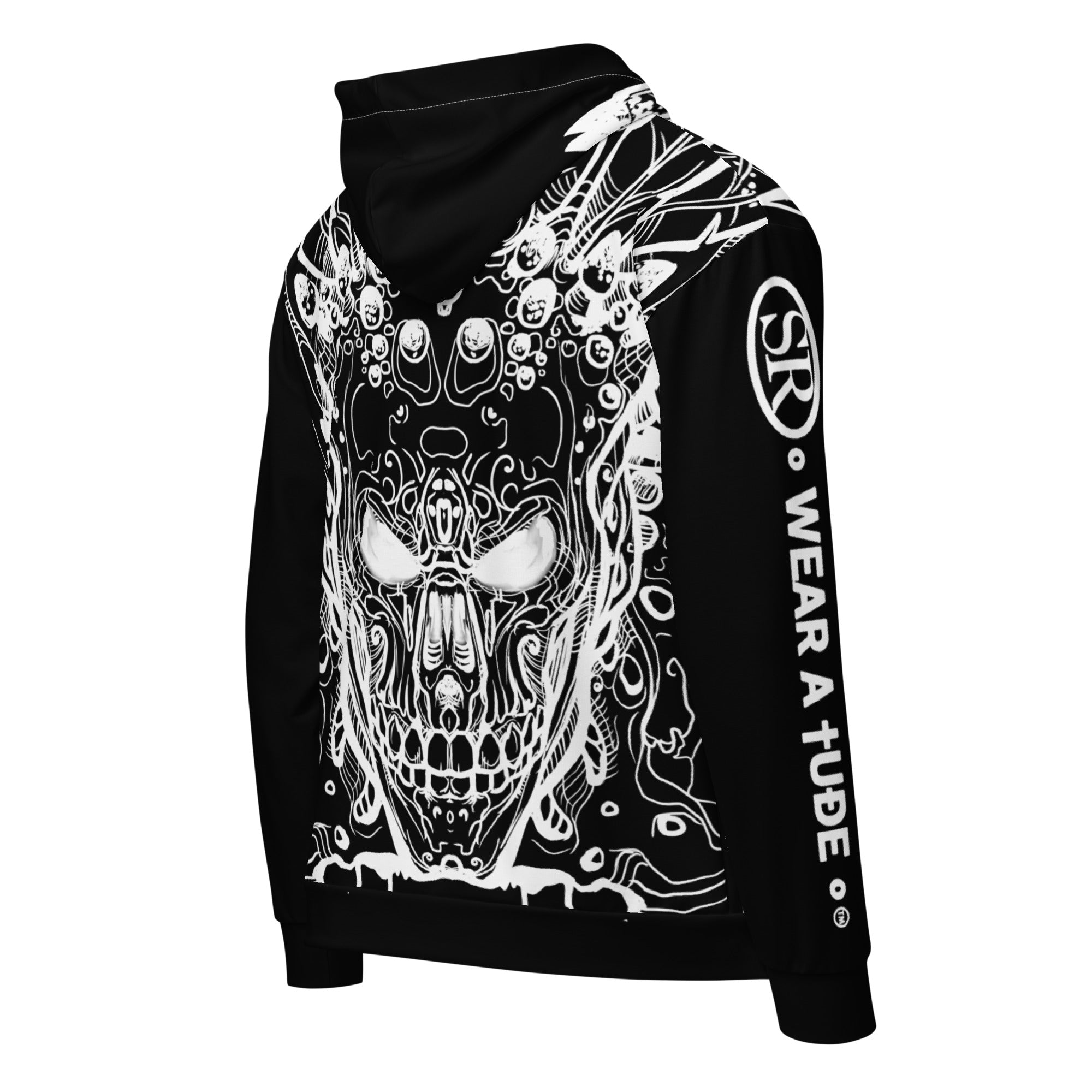 Back of a black metal hoodie with white skull circuitry design and SR WearAtude sleeve print on a white background.