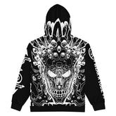 Back view of Static Reaper metal hoodie showing full skull circuitry artwork and SR Wear A Tude sleeve, on white background