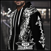 Front left view of Static Reaper metal hoodie by SR WearAtude, black with white skull-circuit design and full zip closure.