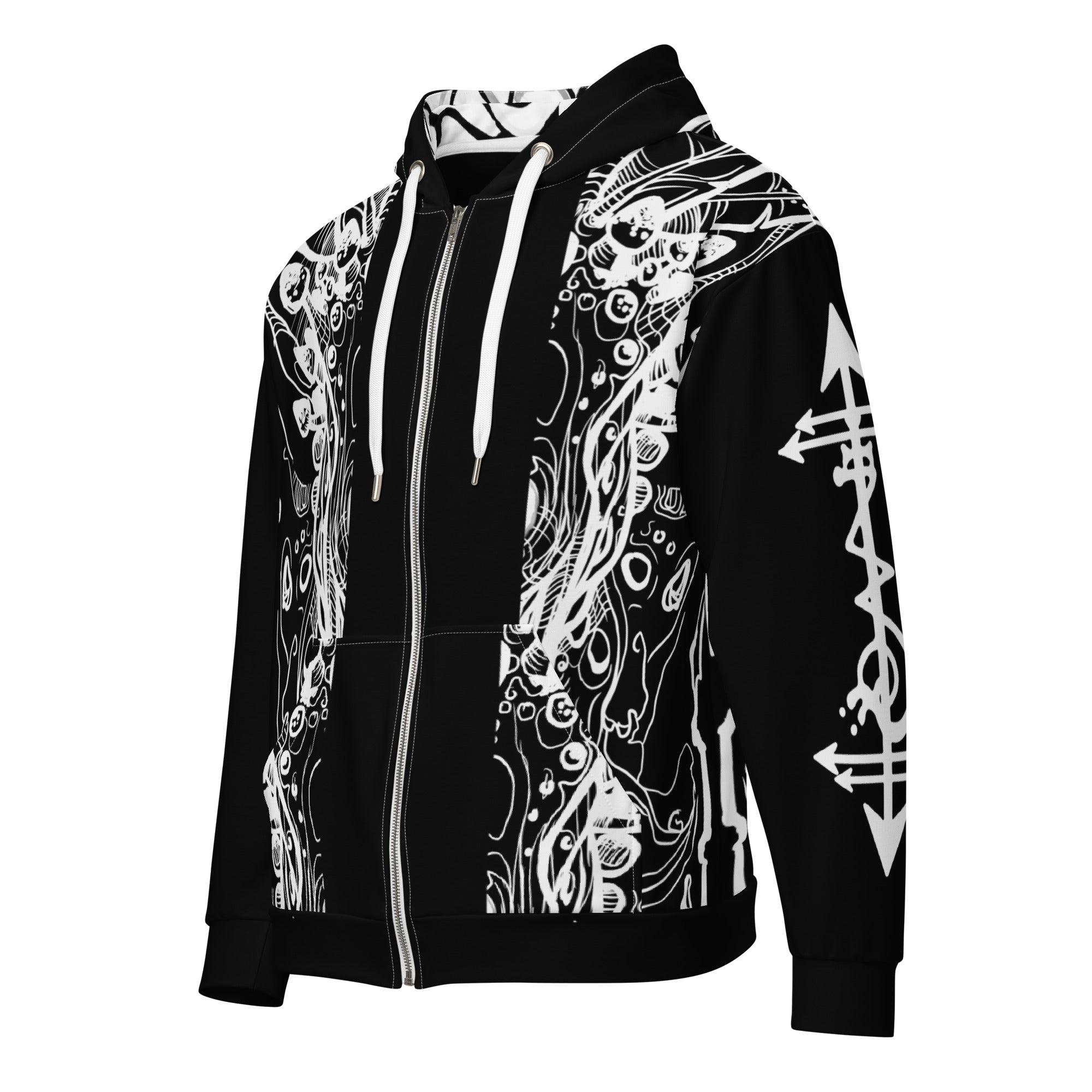 Front view of Static Reaper metal hoodie by SR WearAtude, black with white skull-circuit design and full zip closure.