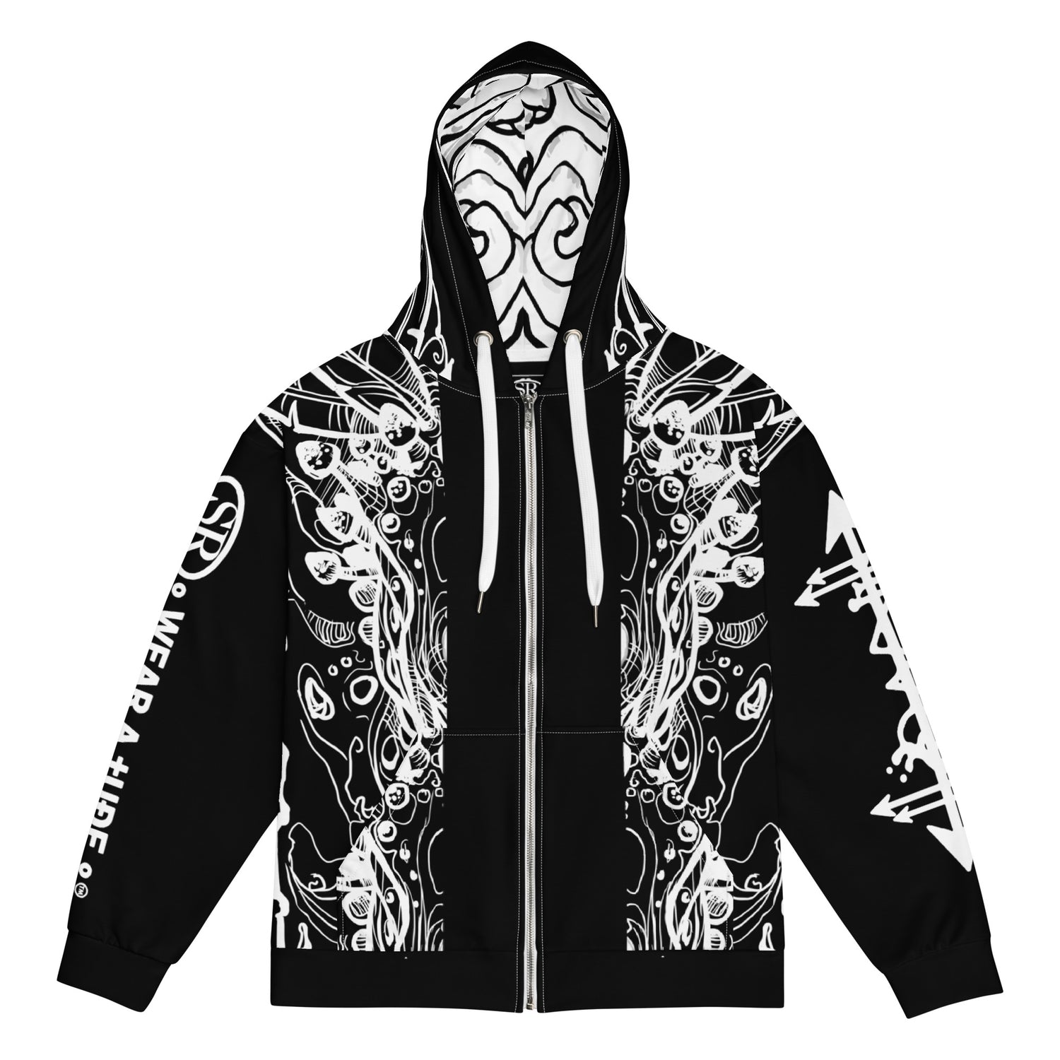 Front view of Static Reaper metal hoodie by SR WearAtude, black with white skull-circuit design and full zip closure on white background.