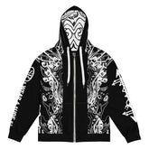Front view of Static Reaper metal hoodie by SR WearAtude, black with white skull-circuit design and full zip closure on white background.