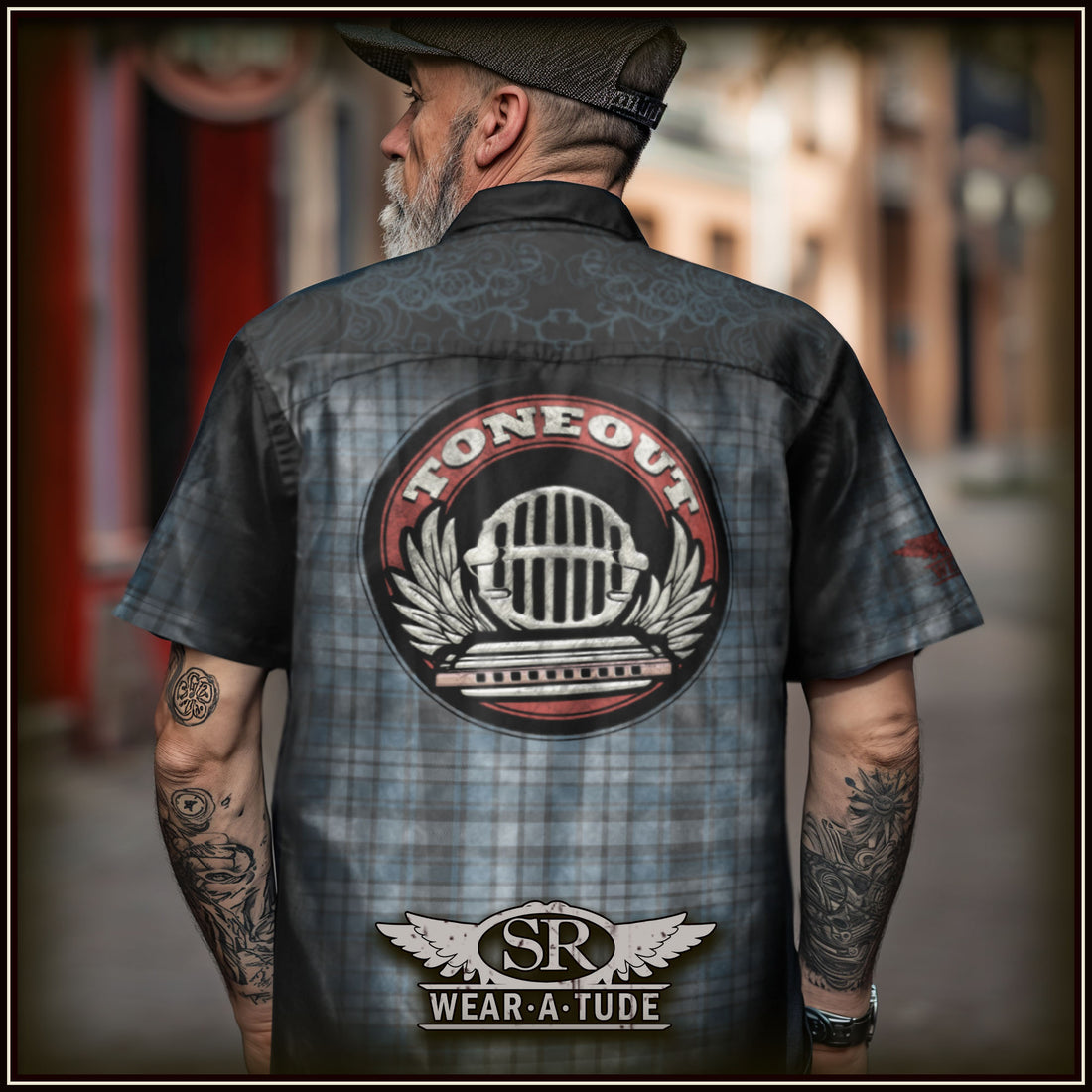 This cool HARMONICA SHIRT is a collard button up and features a 
