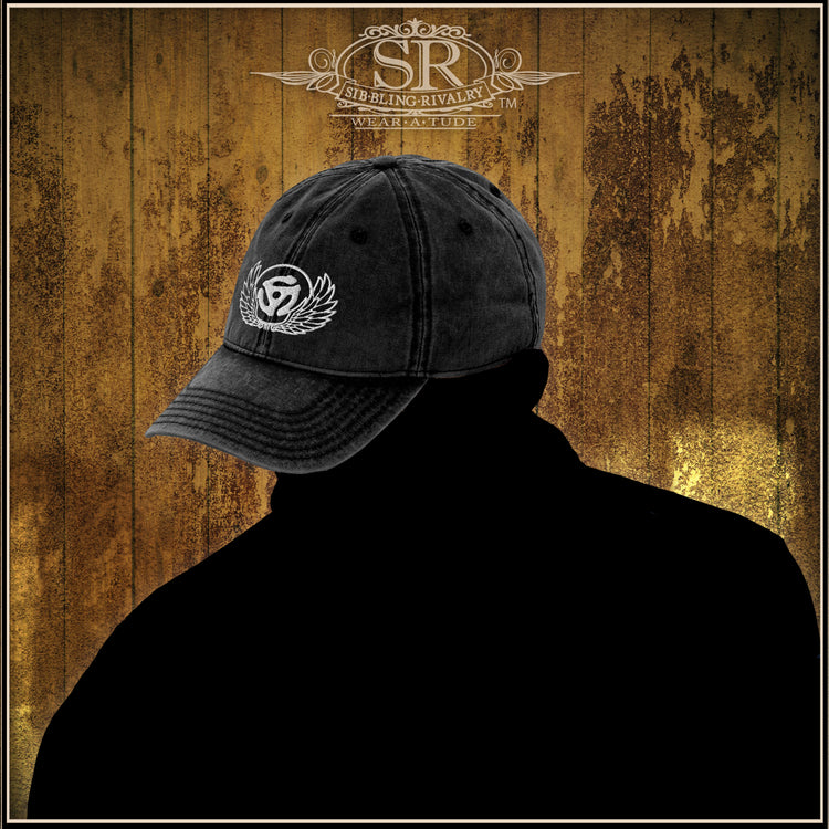 Classic 45 vinyl ball cap, denim and embroidery by Sib.Bling Rivalry DesignWe have created our 45 Spacer logo with beautifully embroidered wings on the front of this vintage cotton twill hat , 