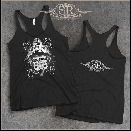 black racerback tank top with white tattoo image of  death girl, wings and flowers.  stamped with Sib.Bling Rivalry SR logo. Woman&