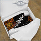 Red ,orange and yellow demon art on black shoes with white souls. Skater shoes, SR Wear Atude. The Blues Play shoes!