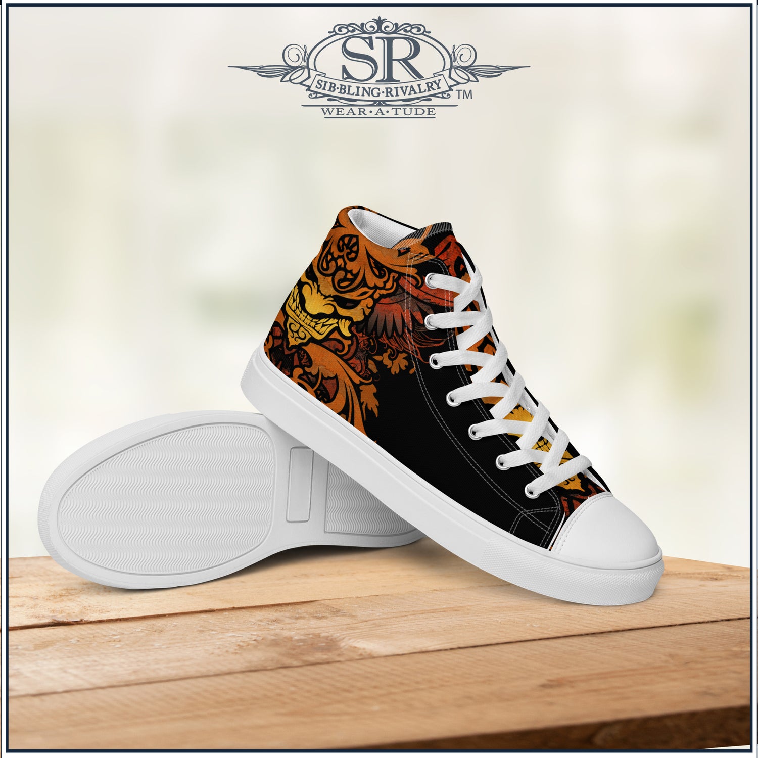 Crossroads demon high tops for the blues player by SR Wear Atude, Sib.Bling Rivalry Design. A product by The Joubert Sisters . Brilliant bold demon art on canvas hightop sneakers