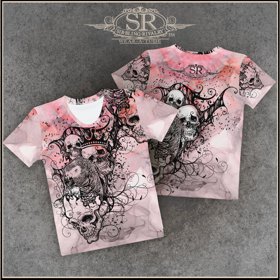 Pretty in pink! SR product depicting crowned skulls and an African Grey Parrot birds. 