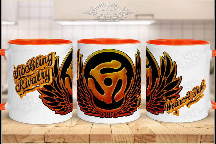 Vintage 45 vinyl spacer design on a coffee mug by SibBling Rivalry design